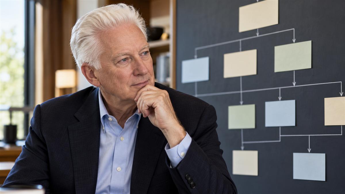 AI-generated editorial portrait of A. G. Lafley reviewing an integrated strategy map