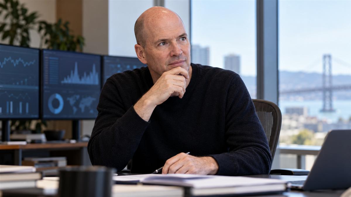 AI-generated editorial portrait of Ben Horowitz reviewing a difficult software turnaround plan