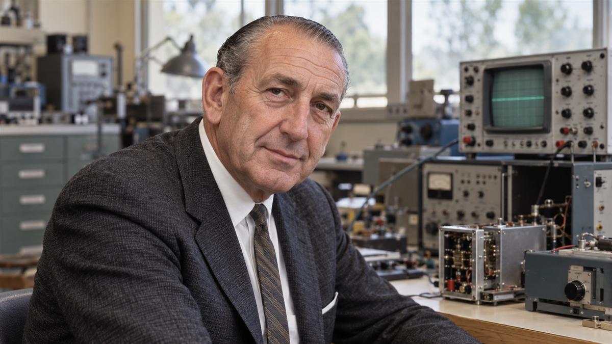 AI-generated editorial portrait of David Packard in a 1960s Hewlett-Packard engineering workshop