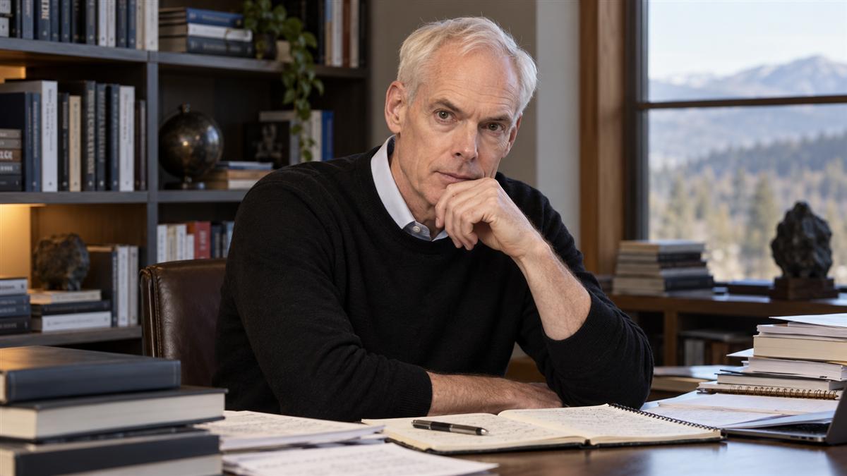 AI-generated editorial portrait of Jim Collins studying disciplined company performance