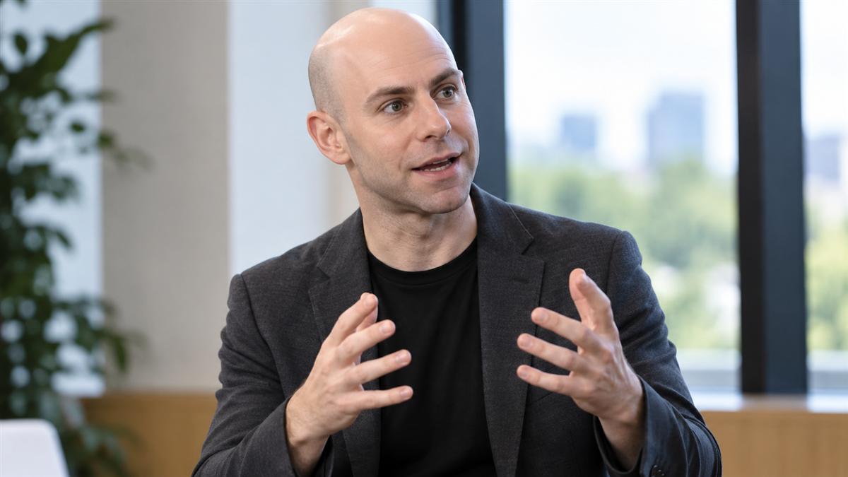 AI-generated editorial portrait of Adam Grant leading an evidence-based workplace debate