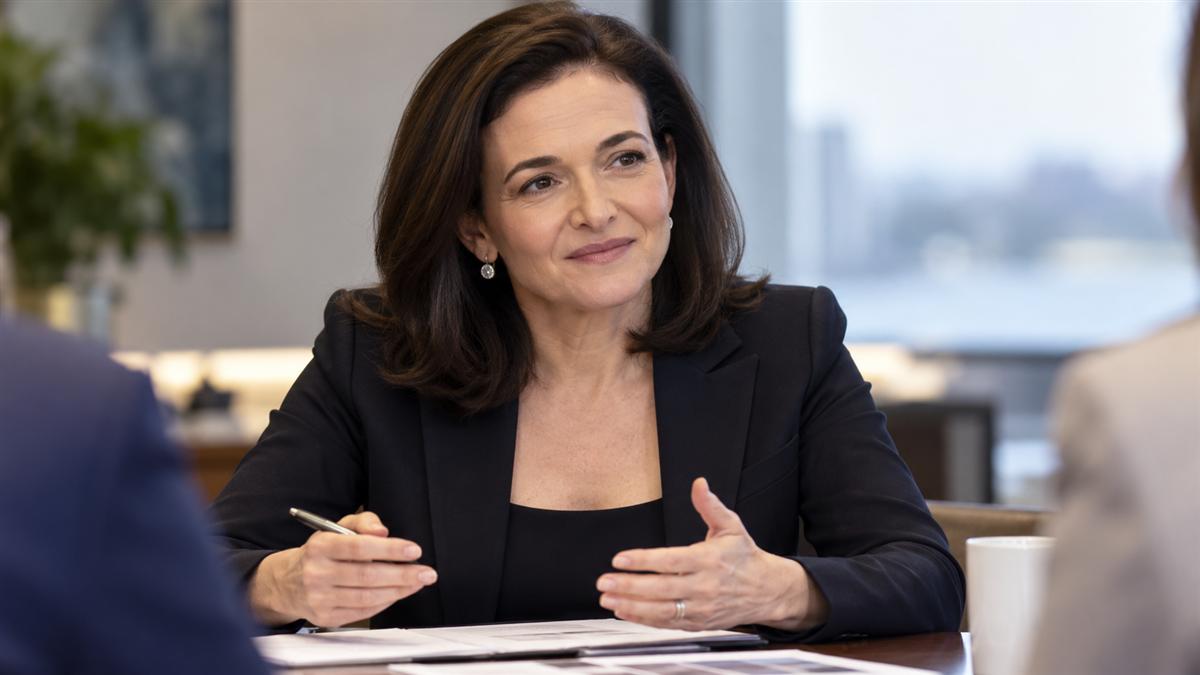 AI-generated editorial portrait of Sheryl Sandberg reviewing a finished project with a team