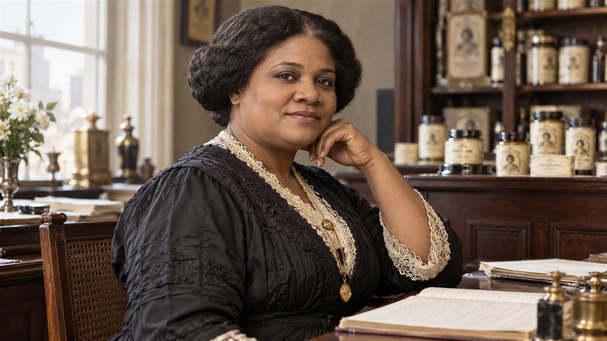 AI-generated editorial portrait of Madam C. J. Walker in her early twentieth-century business office