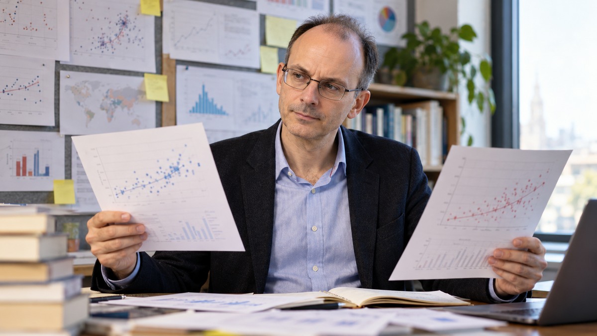 AI-generated editorial portrait of Tim Harford reviewing competing experiment results beside a wall of annotated charts