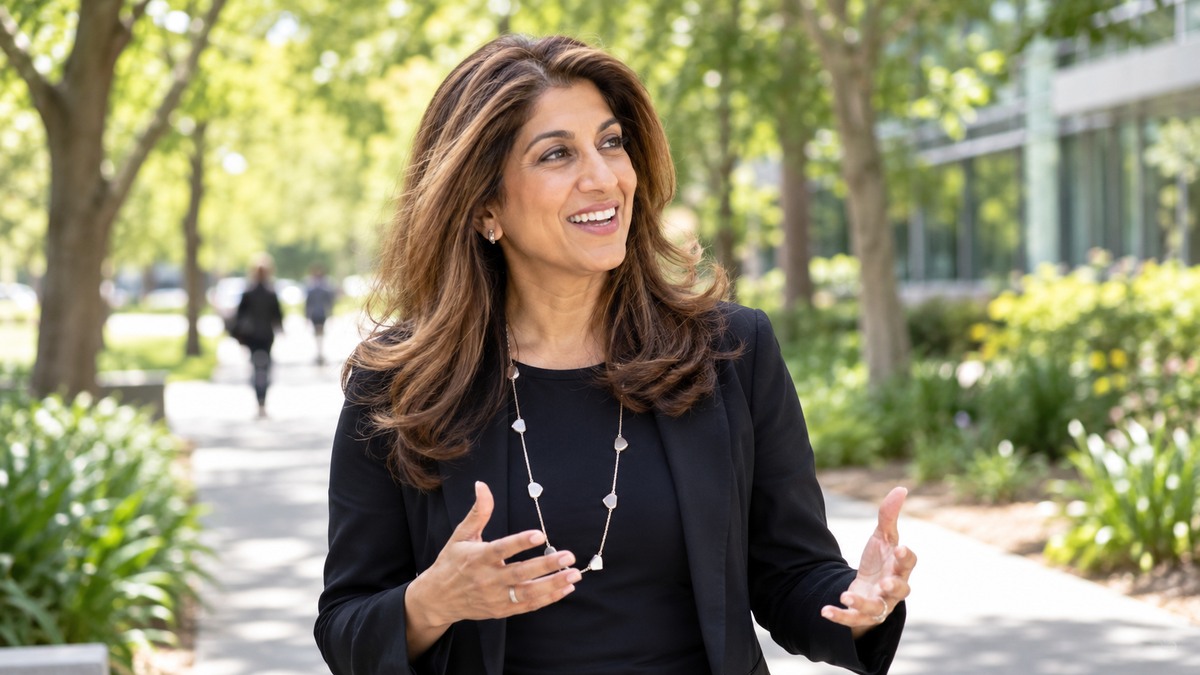 AI-generated editorial portrait of Nilofer Merchant leading a thoughtful walking meeting along a bright tree-lined business campus path
