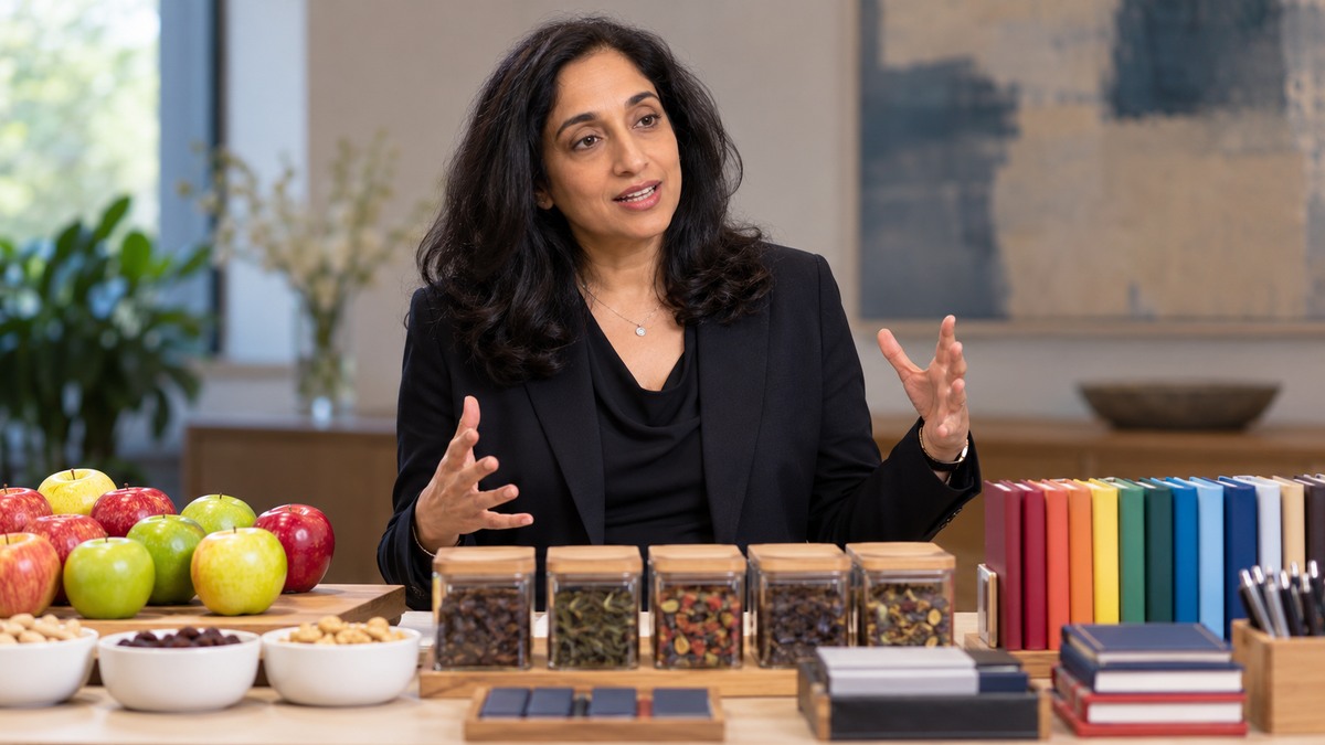 AI-generated editorial portrait of Sheena Iyengar explaining customer choice beside a carefully organized display of distinct options