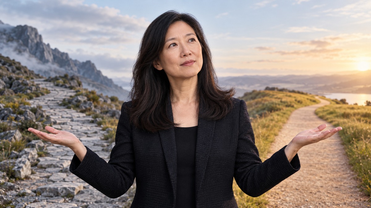 AI-generated editorial portrait of Ruth Chang speaking beside two balanced but qualitatively different strategic paths