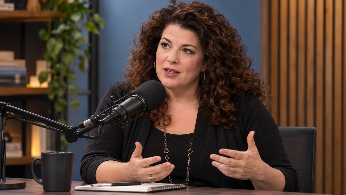 AI-generated editorial portrait of Celeste Headlee conducting an attentive studio conversation with microphones and concise notes