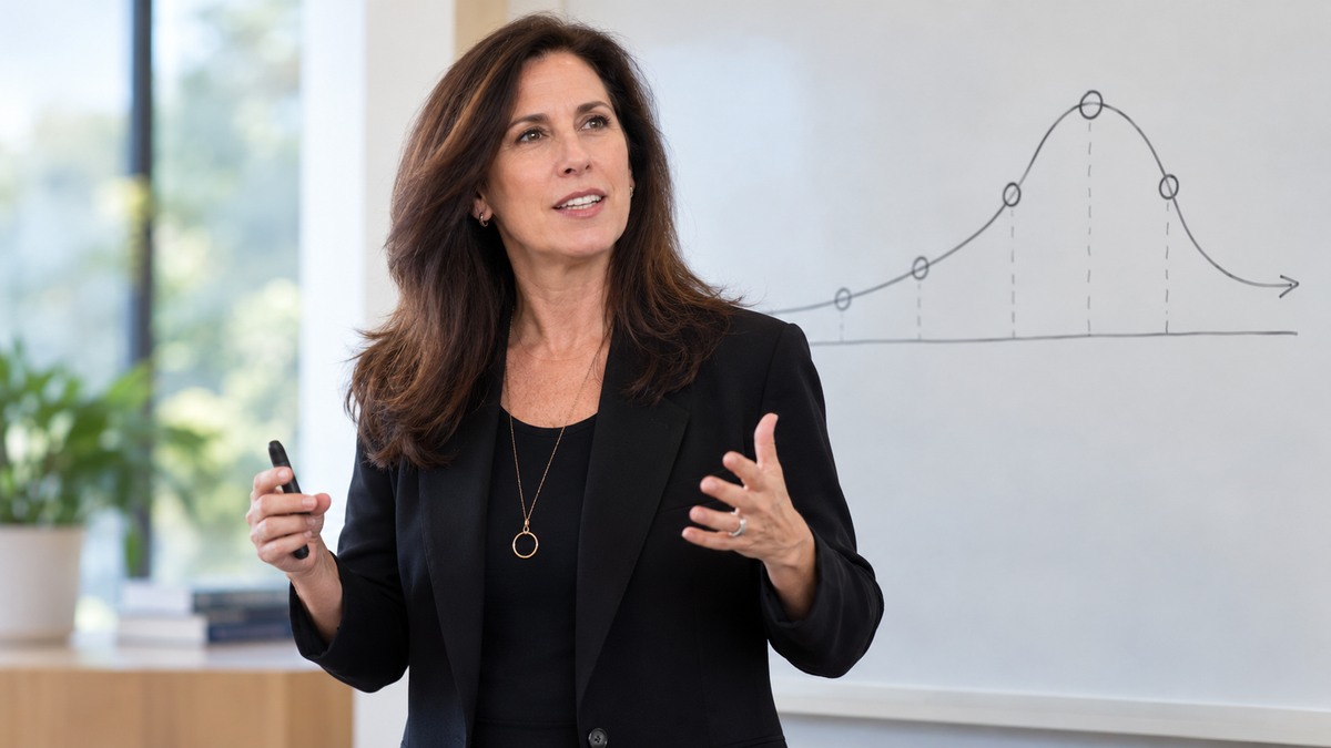 AI-generated editorial portrait of Nancy Duarte rehearsing a strategic presentation beside a hand-drawn story arc