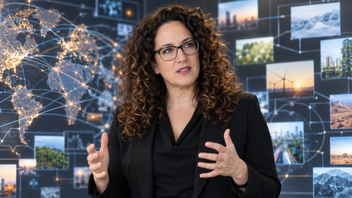 AI-generated editorial portrait of Amy Webb mapping weak signals and alternative futures across a luminous strategy wall