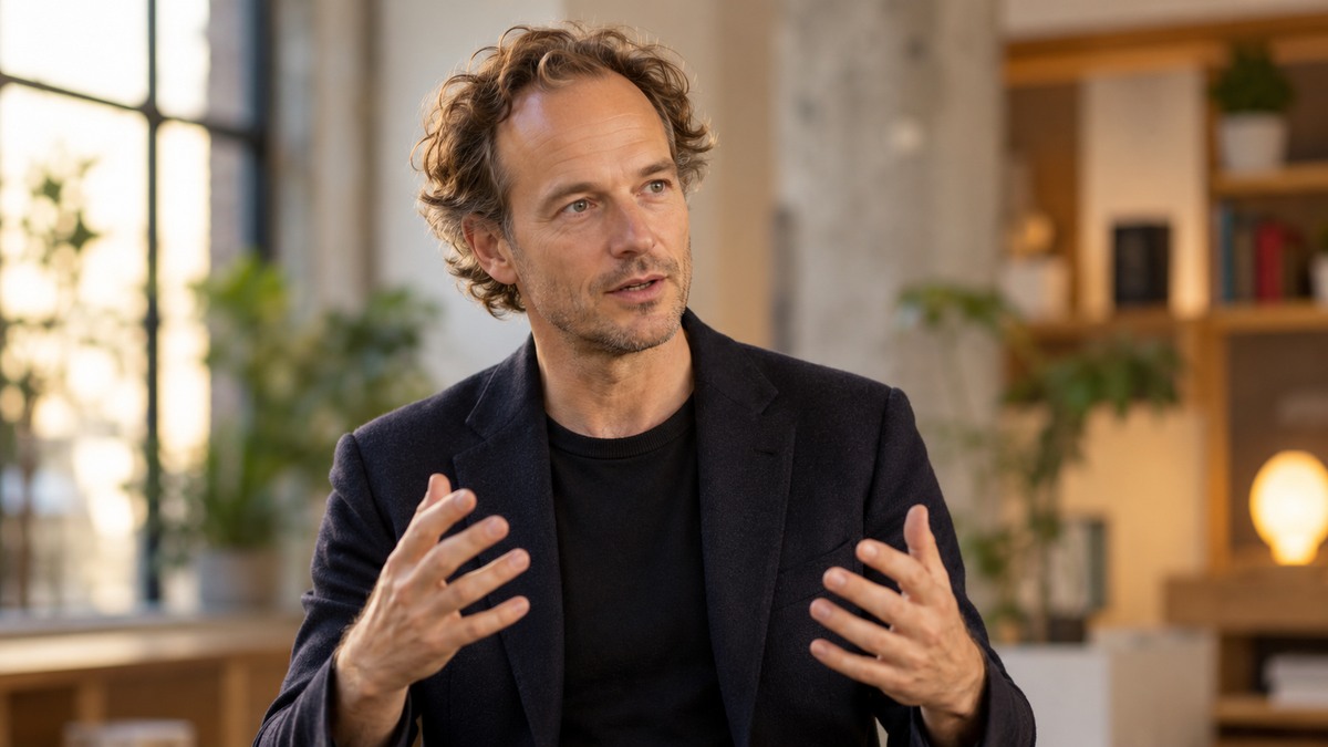 AI-generated editorial portrait of Tim Leberecht speaking in a warm, human-centered workplace where technology remains secondary