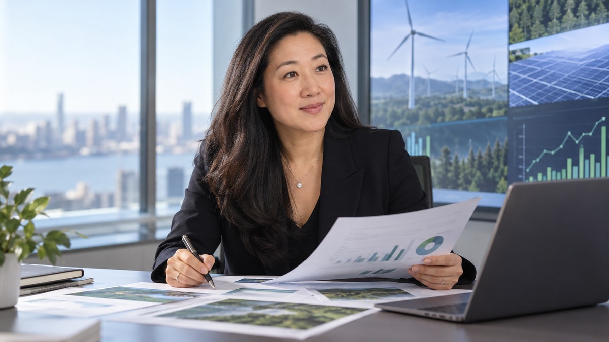 AI-generated editorial portrait of Audrey Choi reviewing a sustainable-investment portfolio beside clean energy and infrastructure data