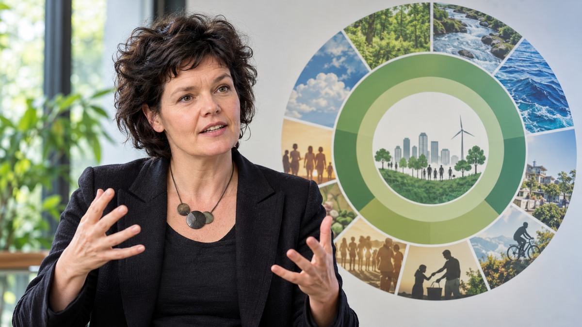 AI-generated editorial portrait of Kate Raworth explaining the Doughnut Economics framework beside a clear circular systems graphic