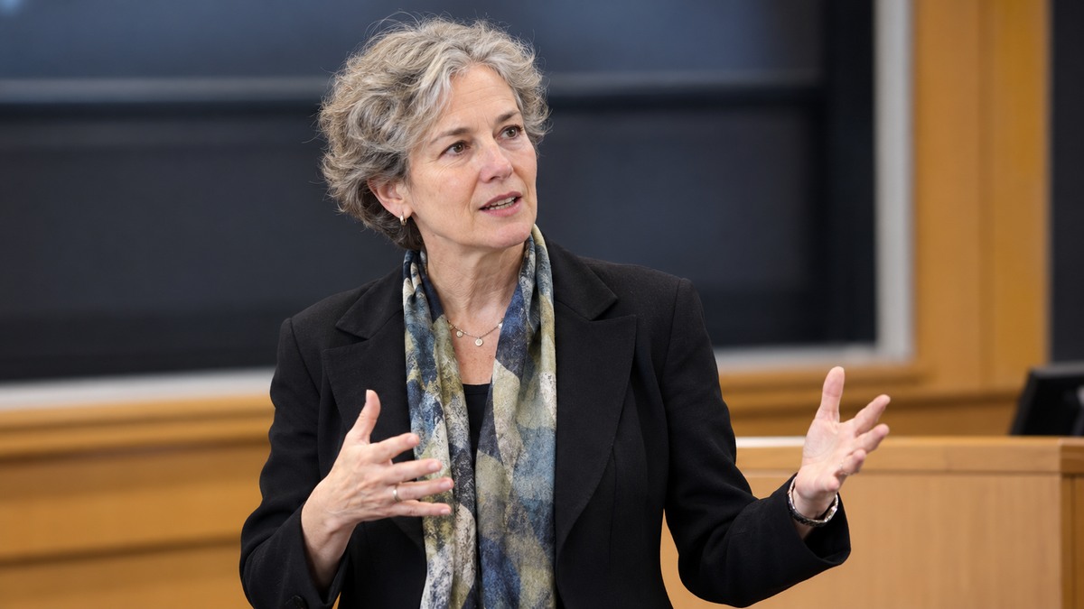 AI-generated editorial portrait of Rebecca Henderson teaching a case discussion on climate, purpose, and competitive strategy