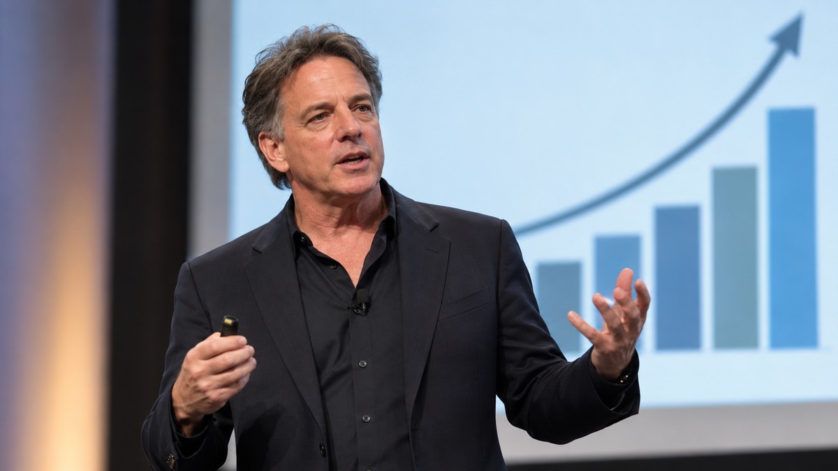 AI-generated editorial portrait of Dan Pallotta presenting a mission-impact chart to nonprofit leaders and funders