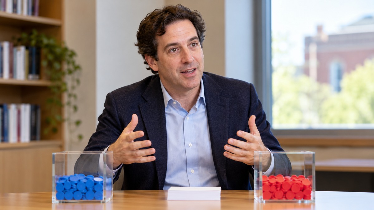 AI-generated editorial portrait of Michael Norton discussing prosocial spending beside a simple behavioral-experiment display