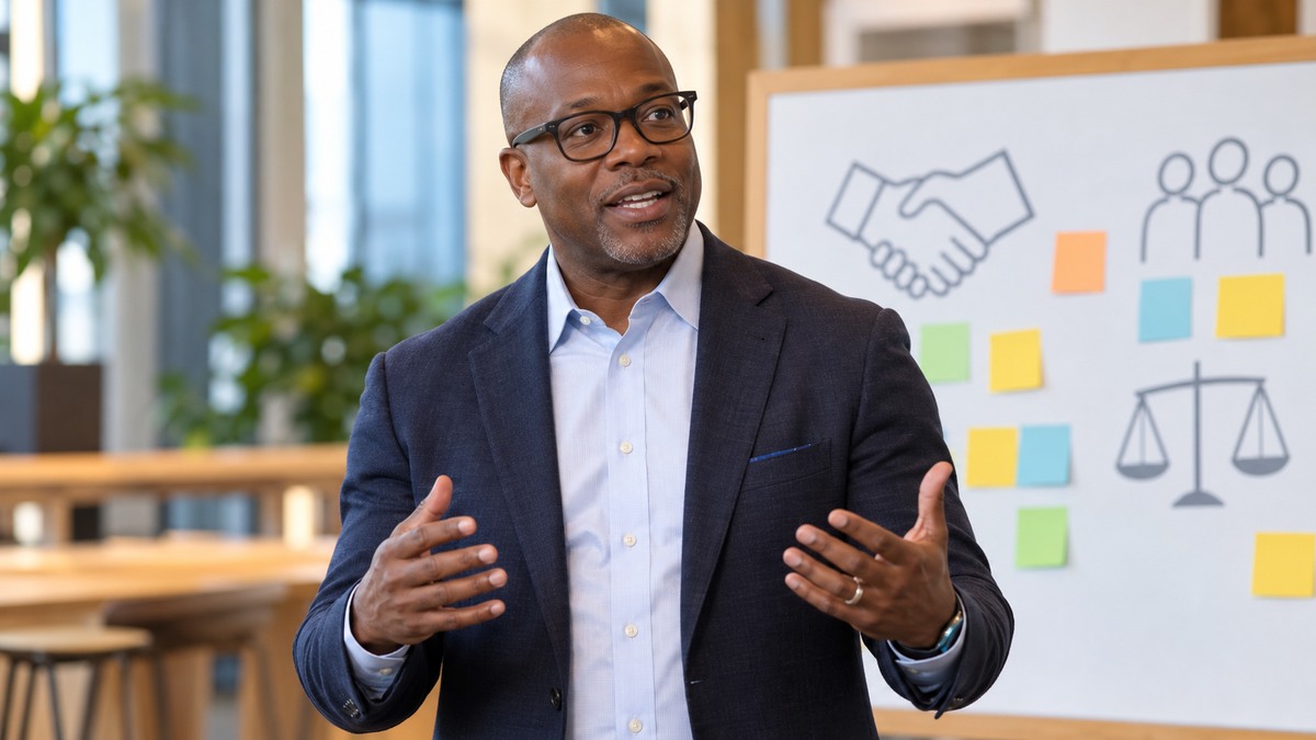 AI-generated editorial portrait of Michael C. Bush addressing employees in an open workplace with a trust-and-fairness discussion board