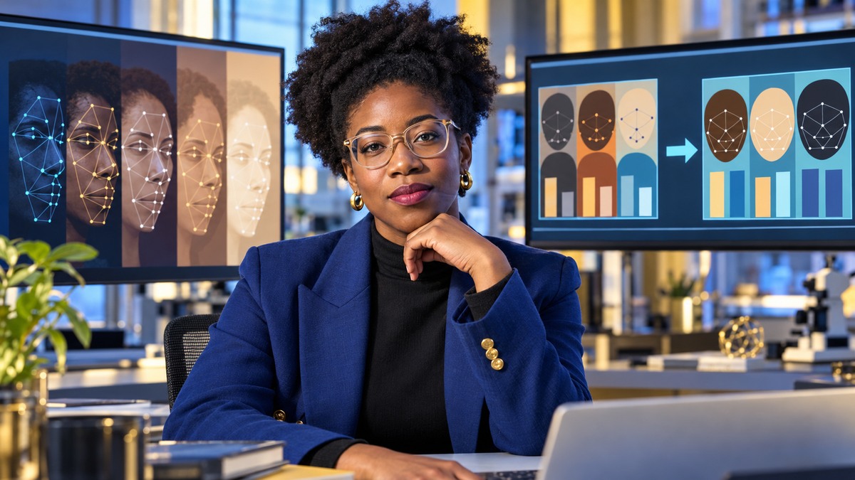 AI-generated editorial portrait of Joy Buolamwini demonstrating algorithmic bias research beside a careful facial-analysis comparison