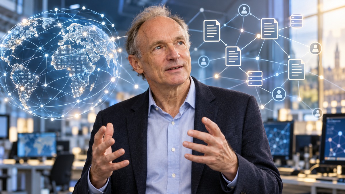 AI-generated editorial portrait of Tim Berners-Lee standing beside an open web architecture diagram in a university computing lab