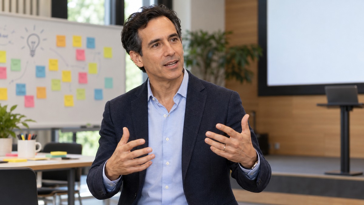AI-generated editorial portrait of Eduardo Briceño facilitating a team practice session with separate learning and performance zones