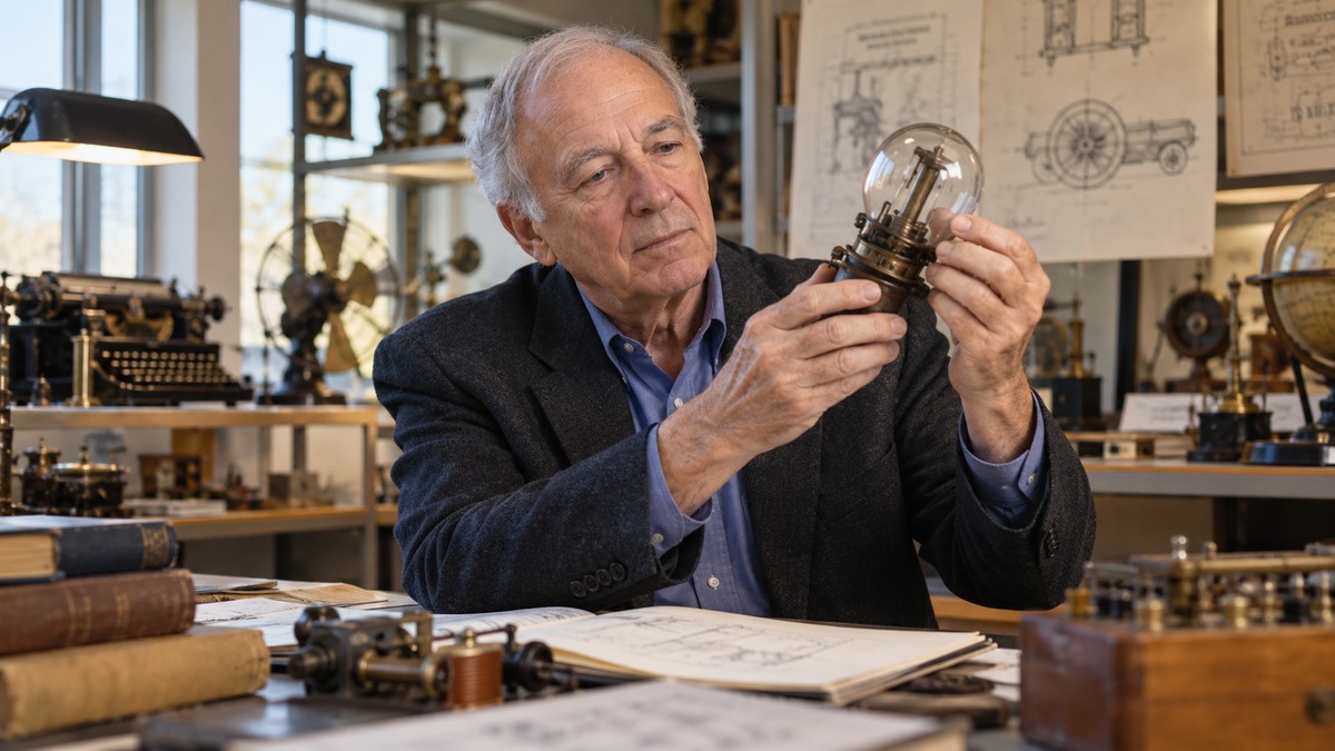 AI-generated editorial portrait of Edward Tenner examining an invention and its unexpected second-order effects in a design archive