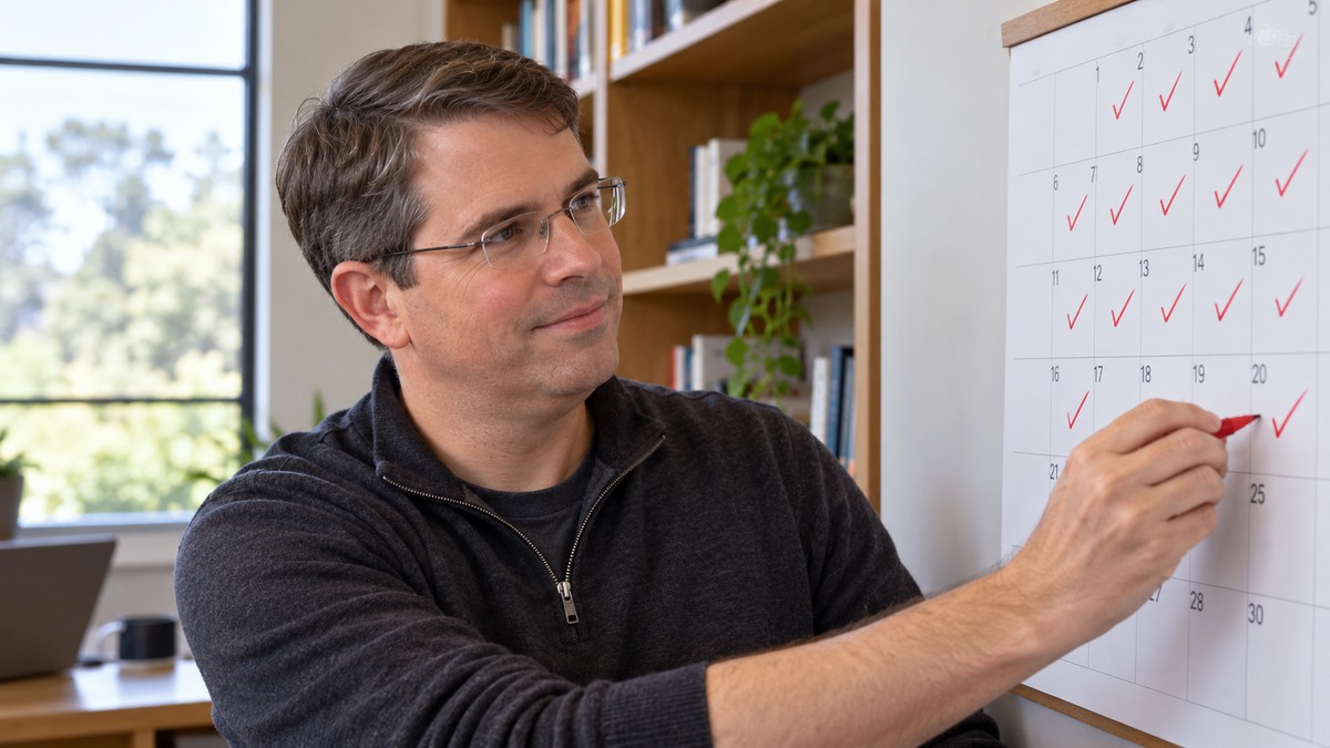 AI-generated editorial portrait of Matt Cutts tracking a simple thirty-day workplace experiment on a paper calendar