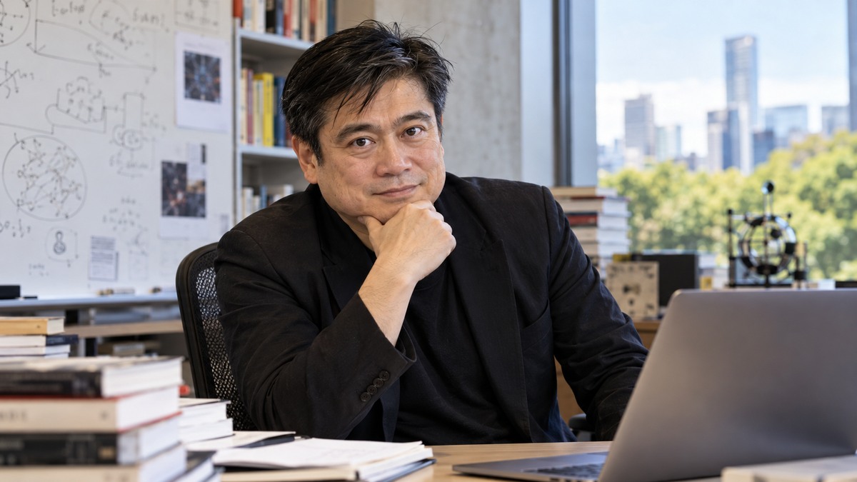 AI-generated editorial portrait of Joi Ito in a setting inspired by the business idea “Education is what people do to you, and learning is what you do to yourself.”