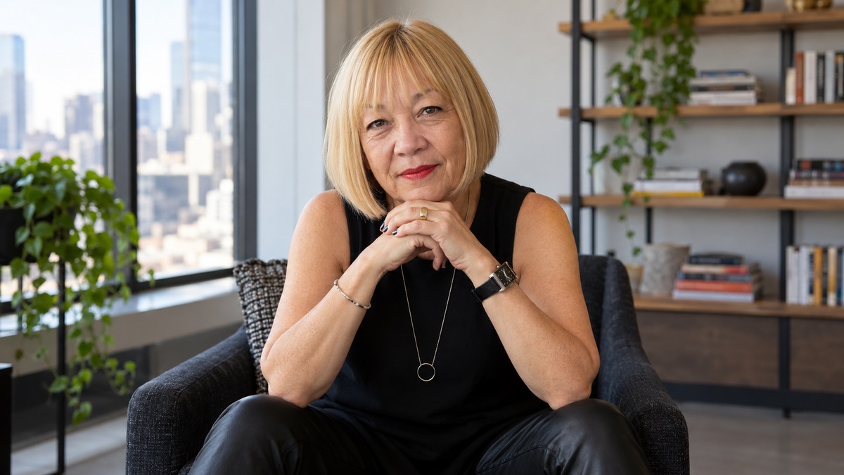 AI-generated editorial portrait of Cindy Gallop in a setting inspired by the business idea “The single biggest pool of untapped natural resource is human good intentions that never translate into action.”