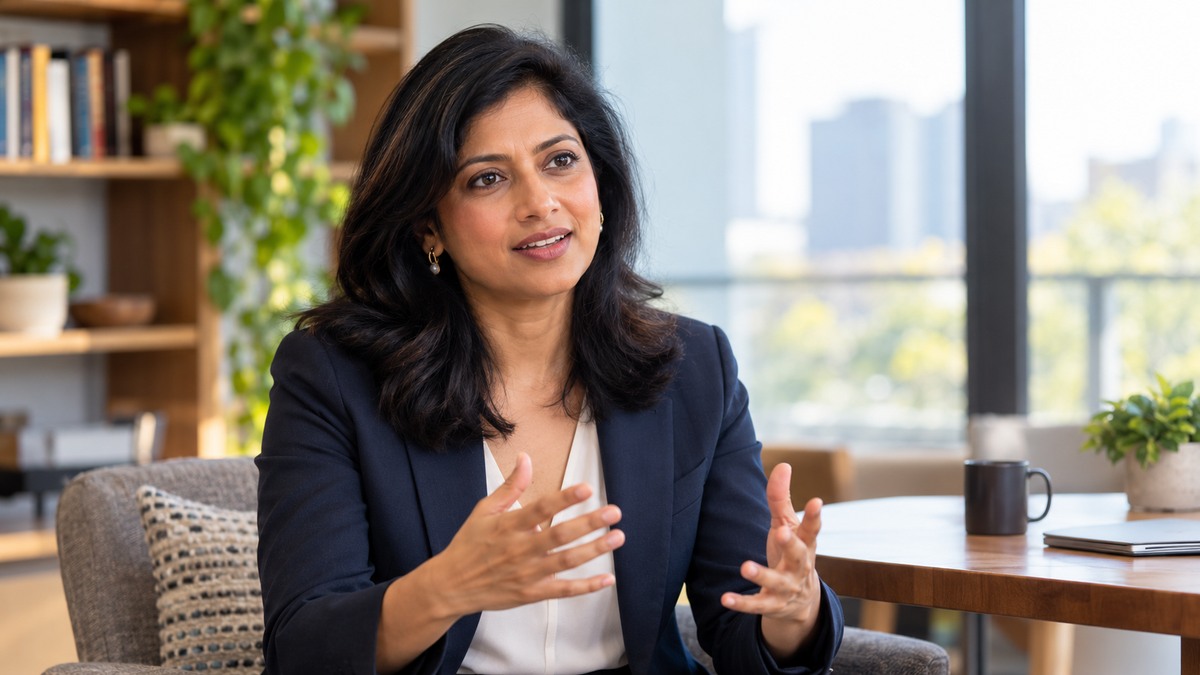 AI-generated editorial portrait of Ruchi Sinha in a setting inspired by the business idea “Negotiation is not about dominating. It is about crafting a relationship.”