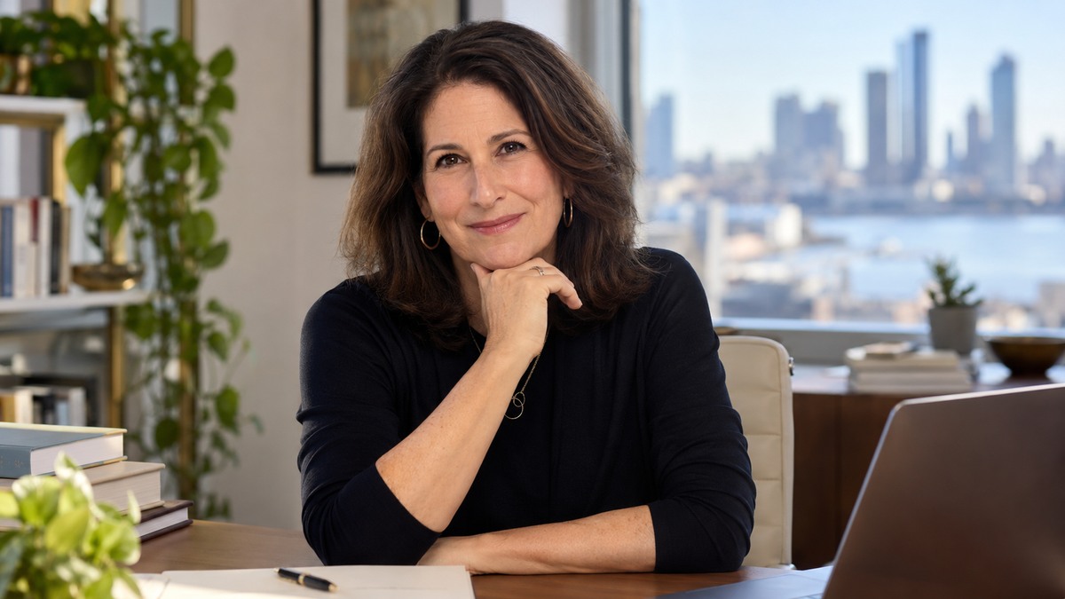 AI-generated editorial portrait of Carol Fishman Cohen in a setting inspired by the business idea “A career break is not a permanent barrier.”
