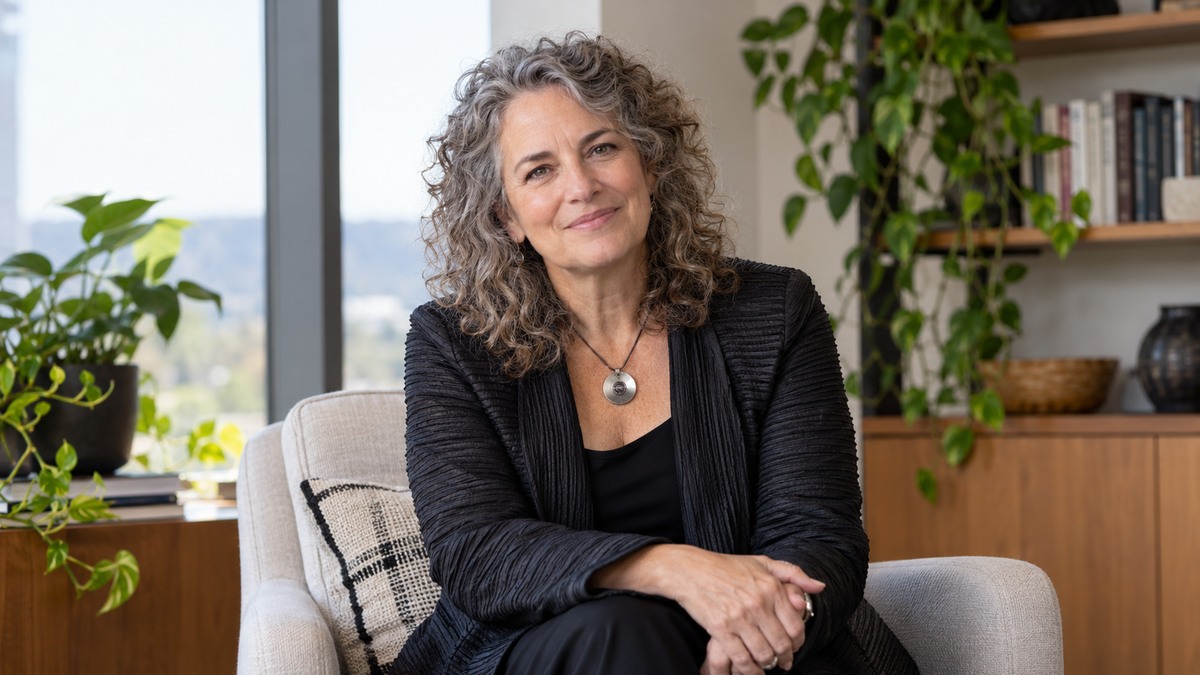 AI-generated editorial portrait of Lorna Davis in a setting inspired by the business idea “We do not need heroes. We need radical interdependence.”