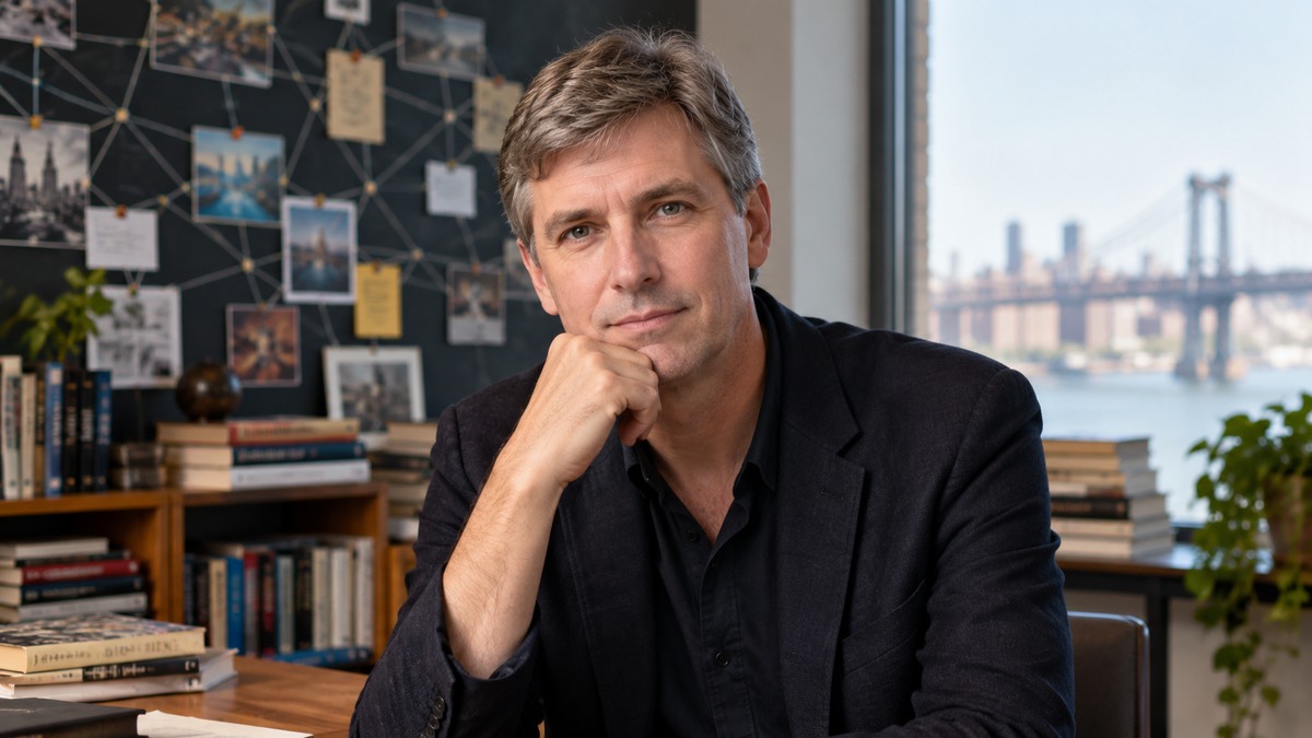 AI-generated editorial portrait of Steven Johnson in a setting inspired by the business idea “Chance favors the connected mind.”