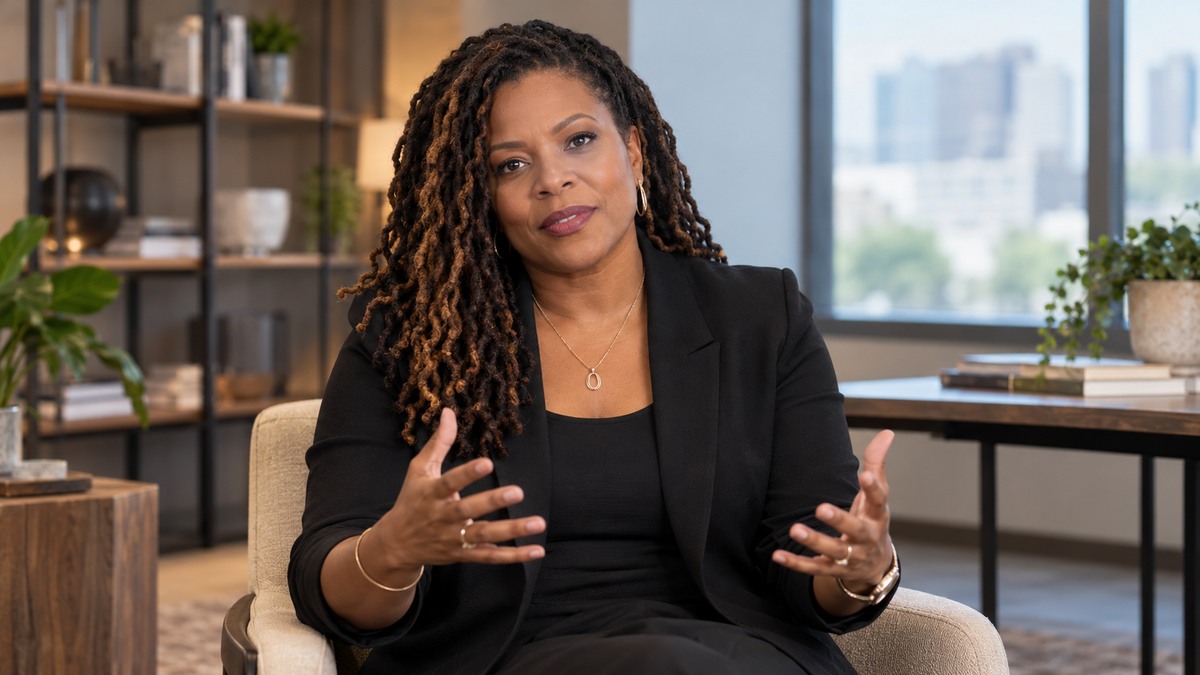 AI-generated editorial portrait of Ashley M. Grice in a setting inspired by the business idea “Purpose is not the same as mission or vision.”