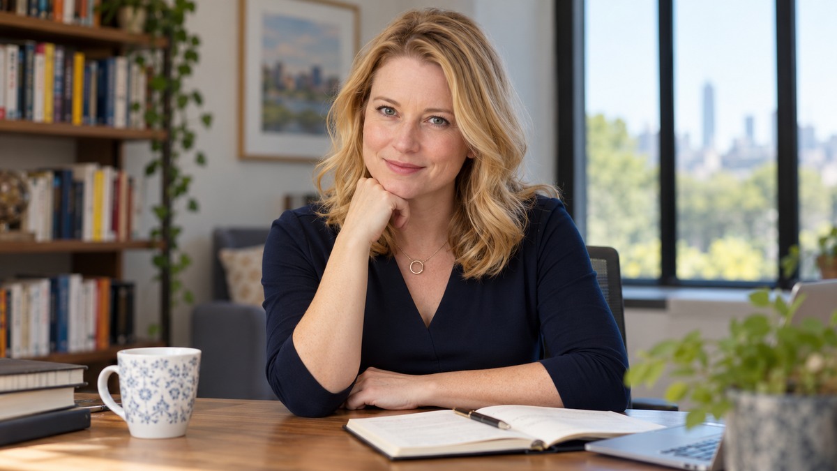 AI-generated editorial portrait of Laura Vanderkam in a setting inspired by the business idea “We don’t build the lives we want by saving time. We build the lives we want, and then time saves itself.”