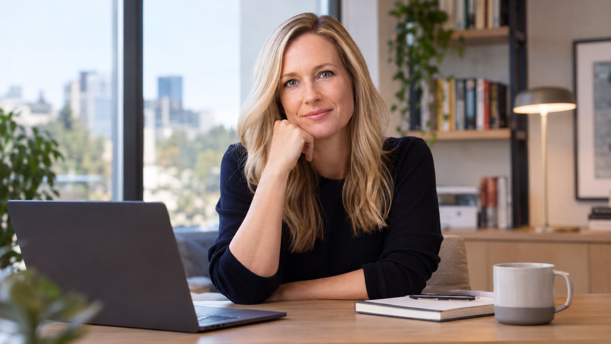 AI-generated editorial portrait of Ashley Whillans in a setting inspired by the business idea “Always-on work culture is not only ruining our personal well-being — but our work, as well.”