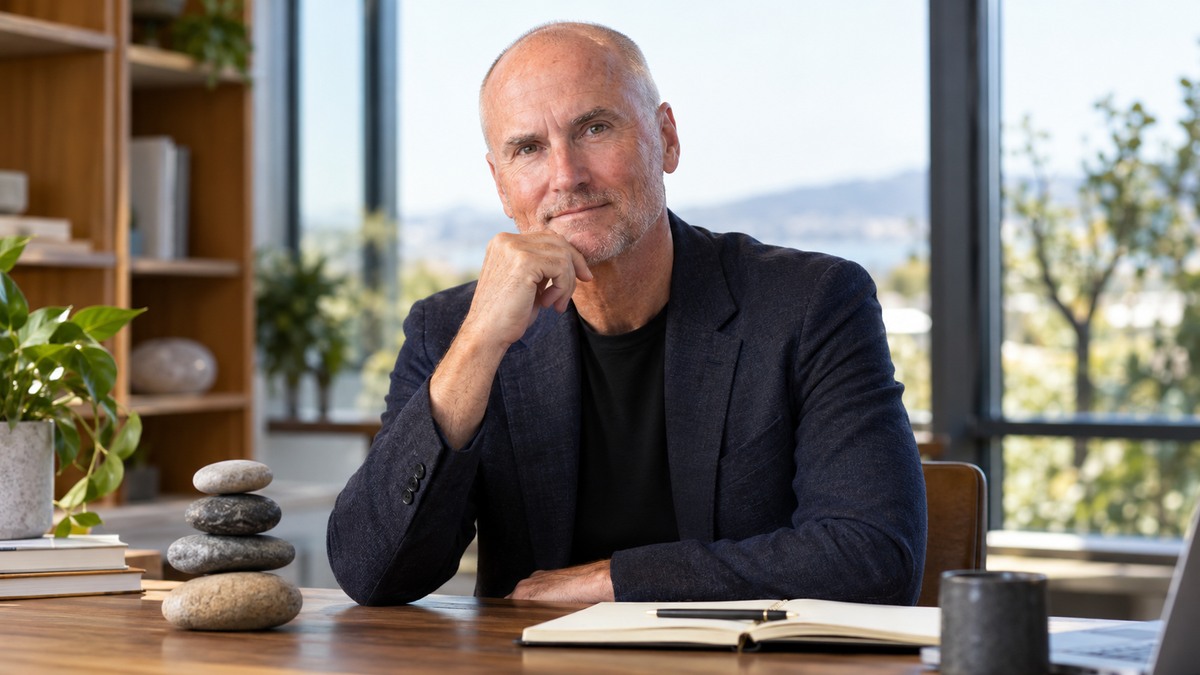 AI-generated editorial portrait of Chip Conley in a setting inspired by the business idea “What we count truly counts.”