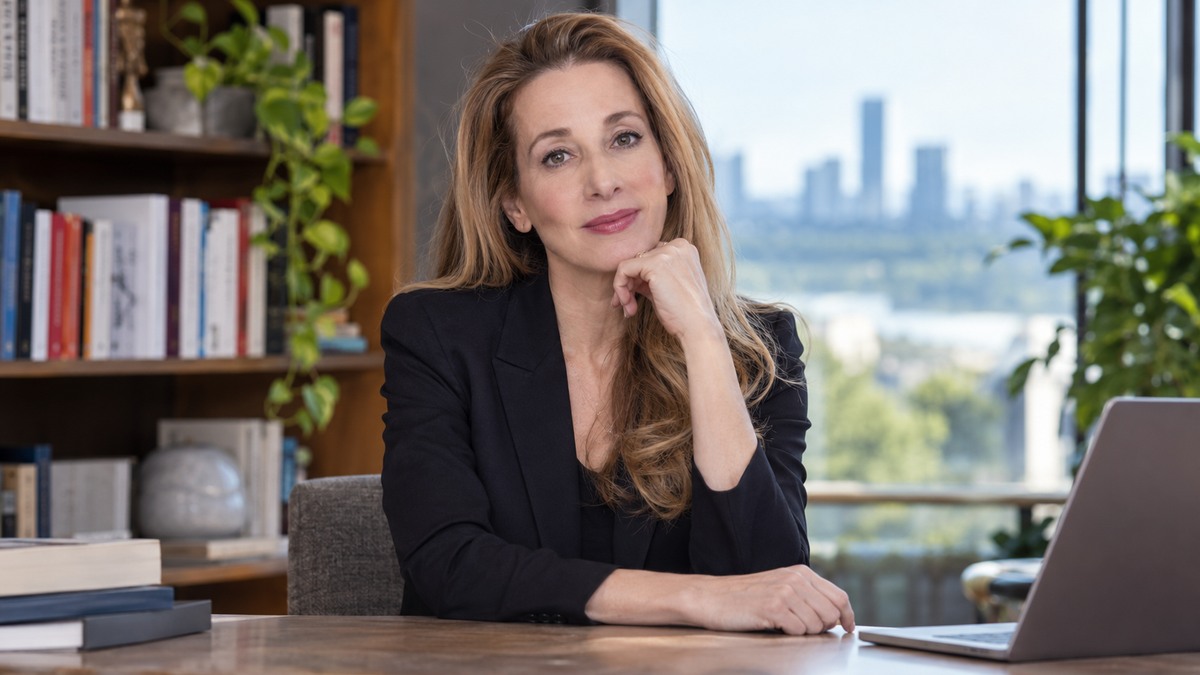 AI-generated editorial portrait of Noreena Hertz in a setting inspired by the business idea “We need to democratize expertise.”