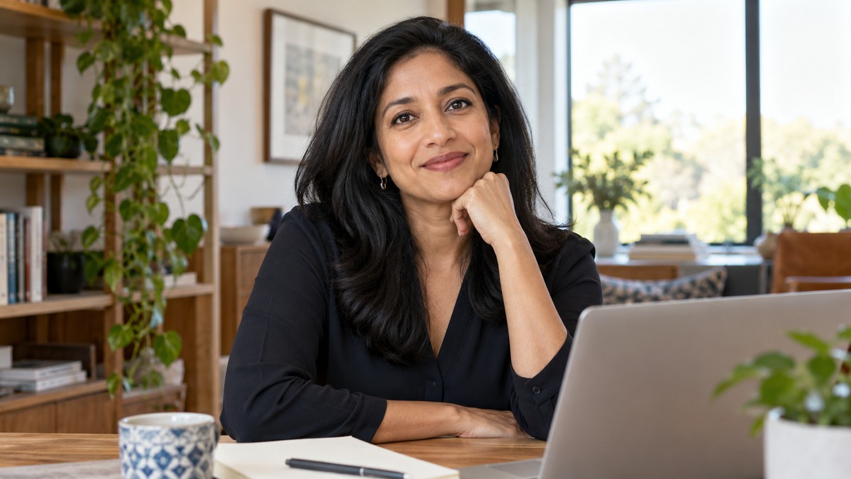 AI-generated editorial portrait of Avani Prabhakar in a setting inspired by the business idea “The option to work from home means that work truly works for everyone.”