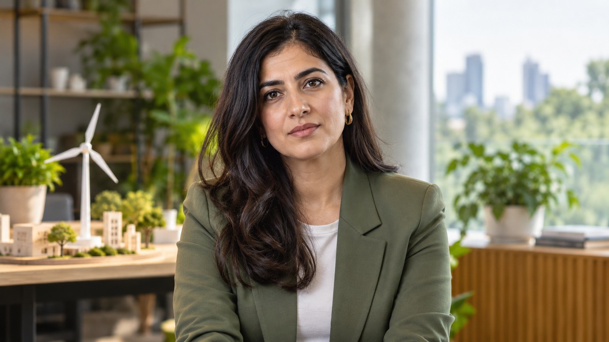 AI-generated editorial portrait of Esha Chhabra in a setting inspired by the business idea “Sustainability has become more marketing than action.”