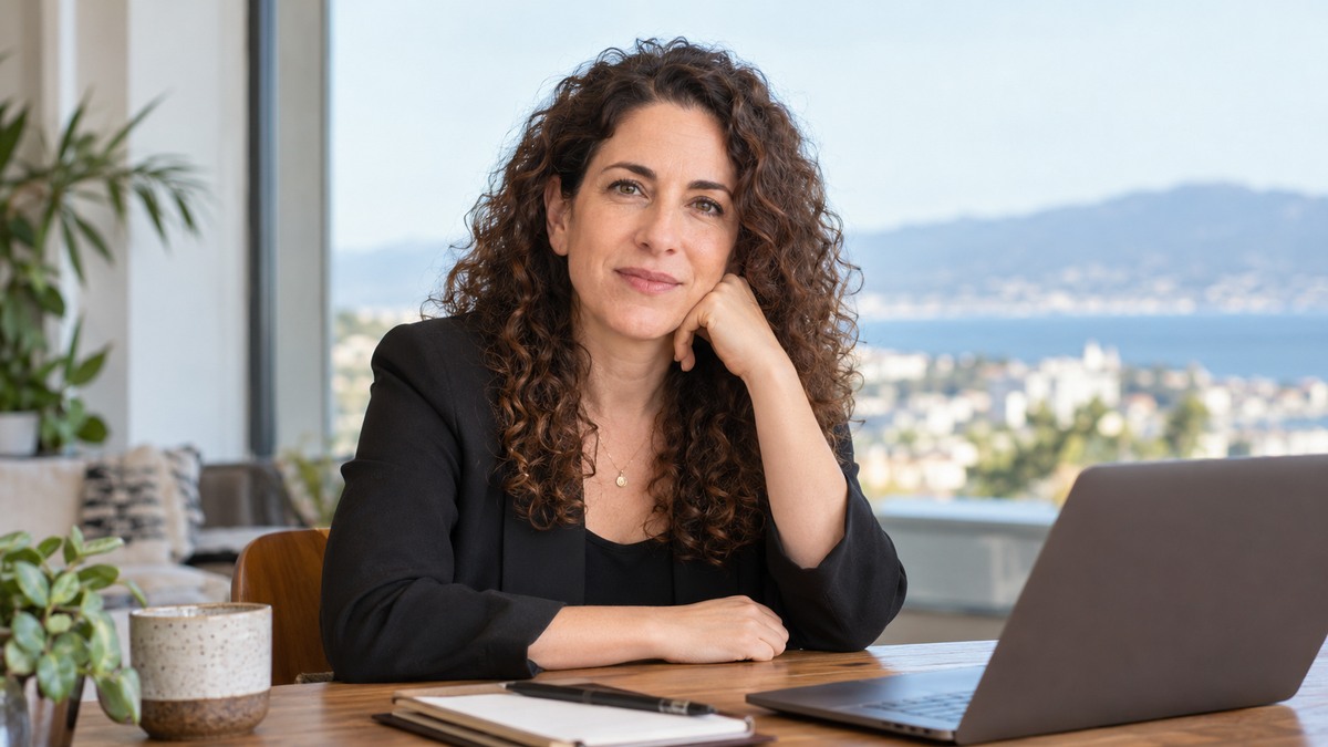 AI-generated editorial portrait of Sarah Aviram in a setting inspired by the business idea “The flexibility to work from anywhere won’t necessarily make you love your job.”