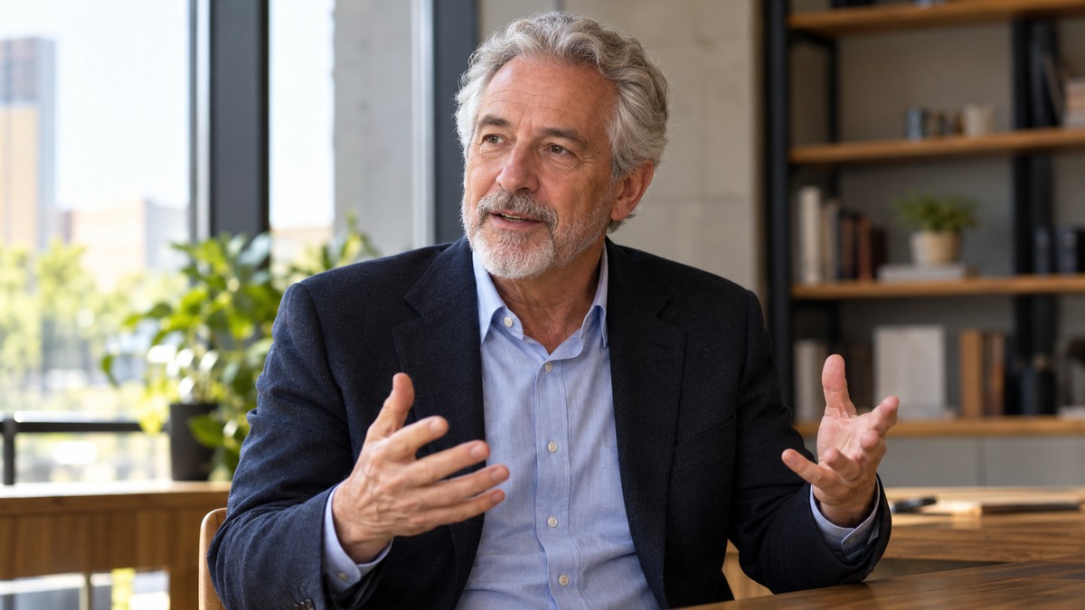 AI-generated editorial portrait of Warren Valdmanis in a setting inspired by the business idea “Businesses need to stop cutting labor costs and start investing in people.”