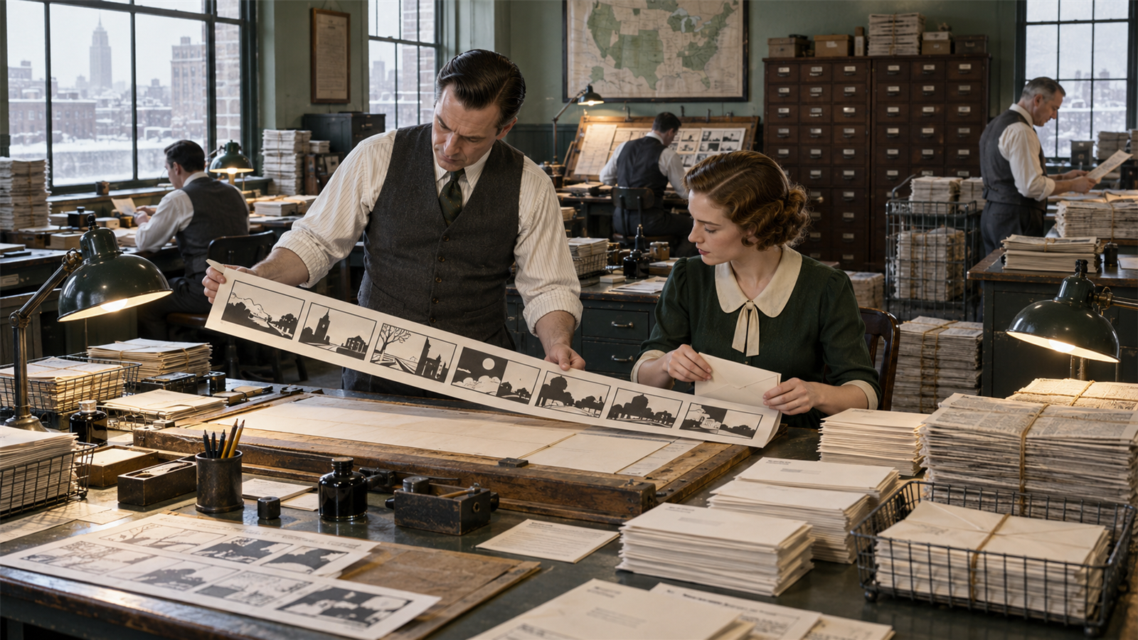 AI reconstruction of a 1930 newspaper syndication office preparing the first Mickey Mouse comic strip for distribution.