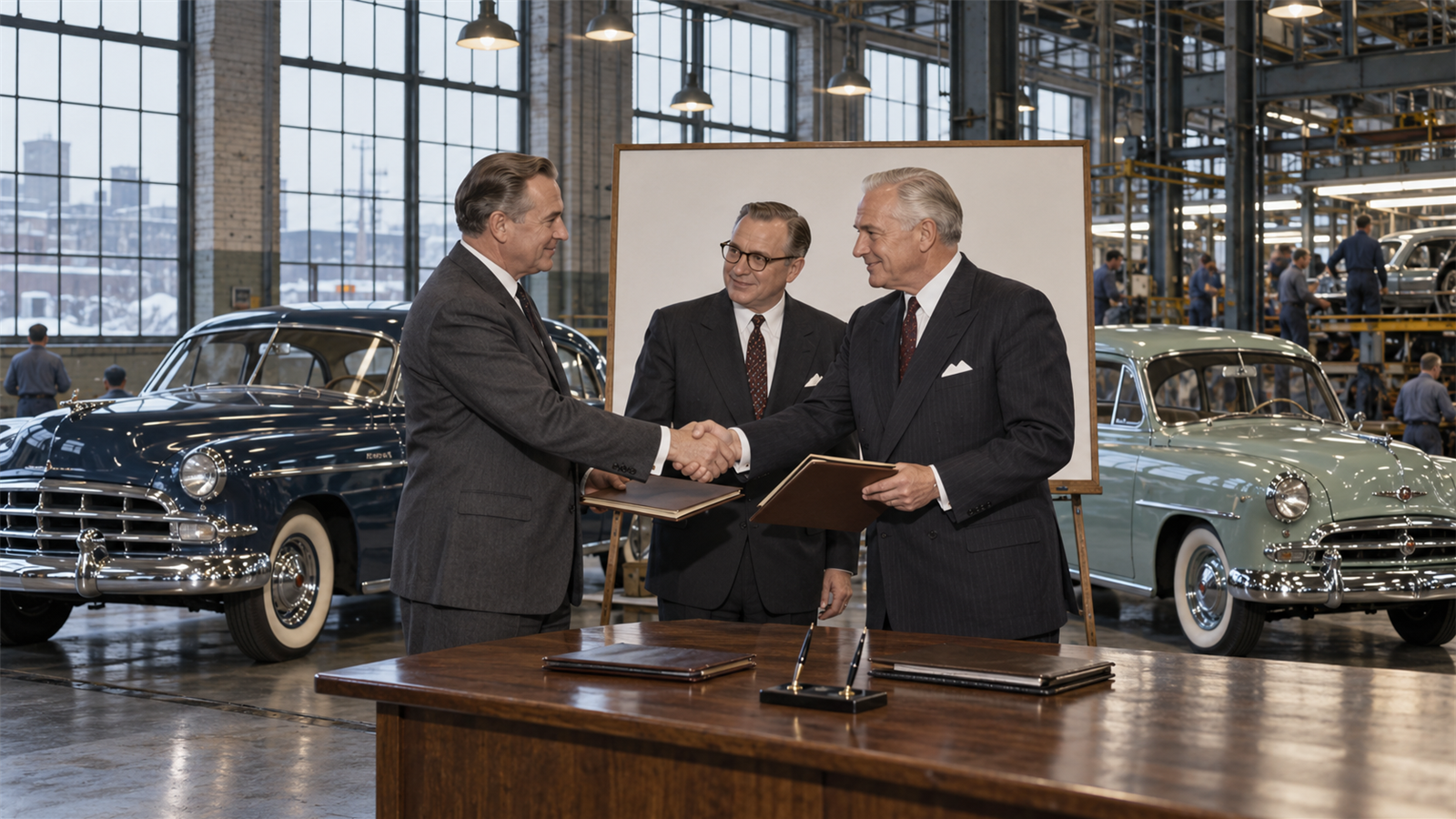 AI reconstruction of 1954 auto executives announcing the Nash-Hudson combination that formed American Motors.