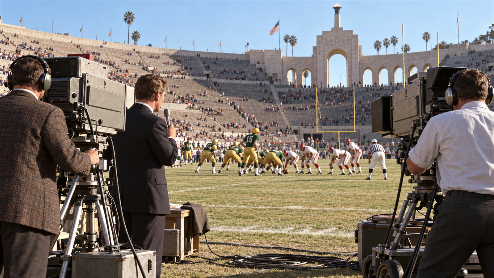 AI reconstruction of television crews covering the first AFL-NFL championship game in Los Angeles in 1967.