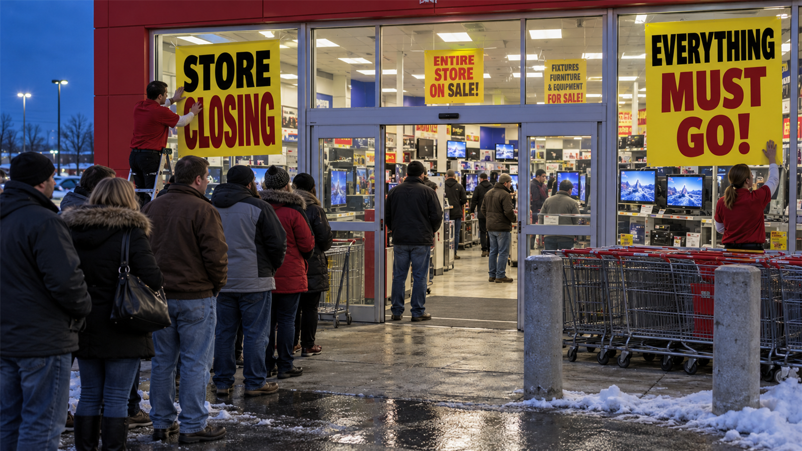 AI reconstruction of shoppers entering a big-box electronics store during a nationwide 2009 liquidation sale.