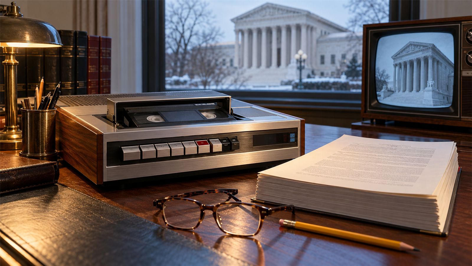 AI reconstruction of an early home video recorder beside the 1984 Supreme Court Betamax decision.