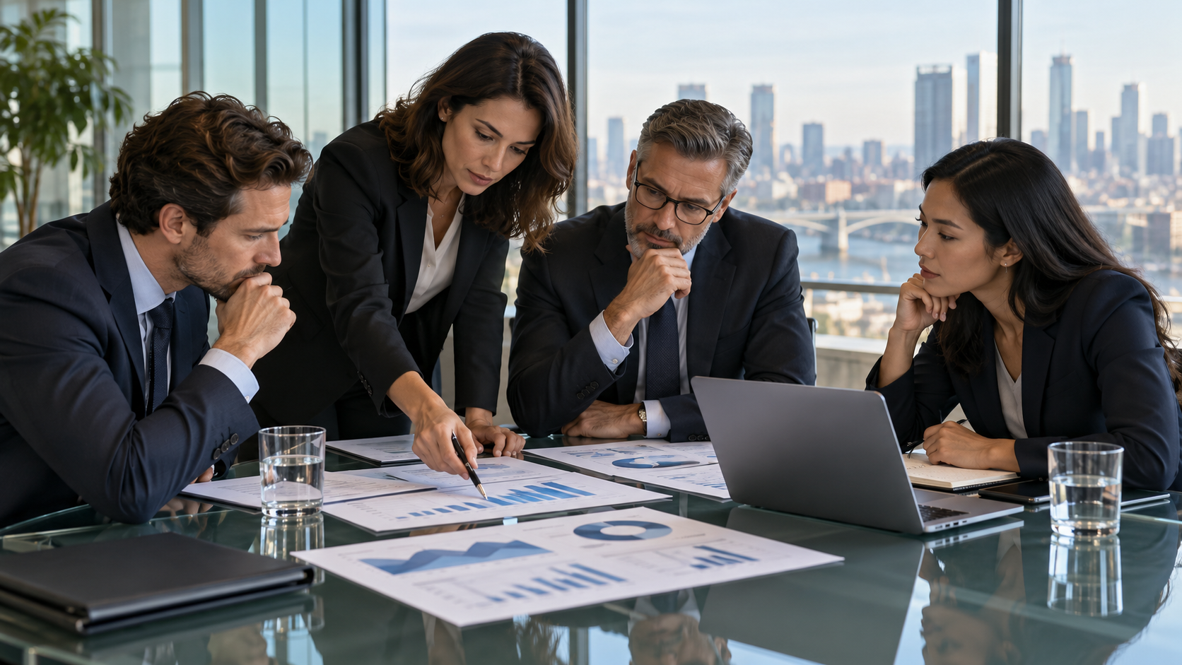 Investment team reviewing company operations and valuation documents