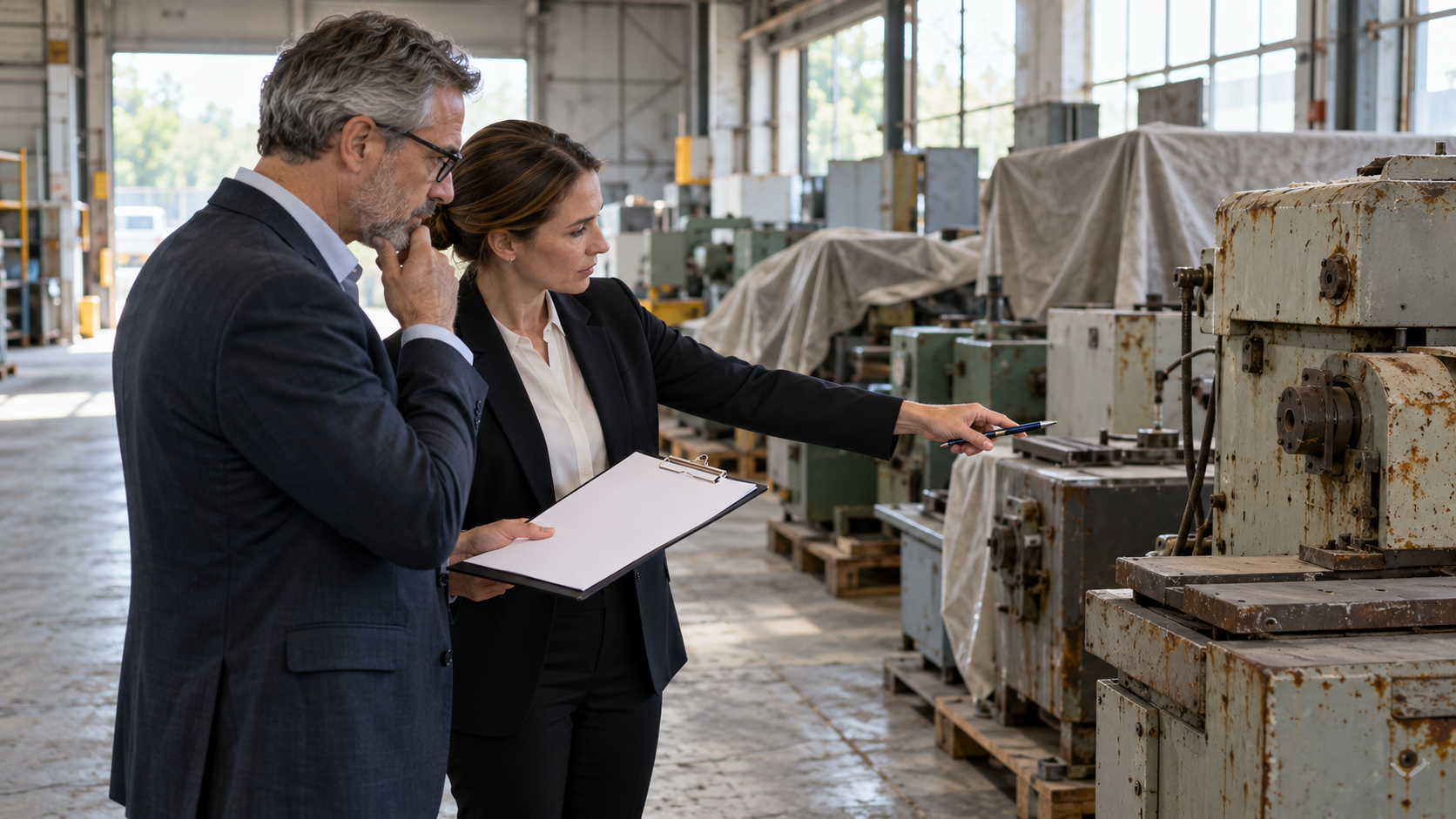 Finance and operations leaders inspecting underused equipment and valuation records.