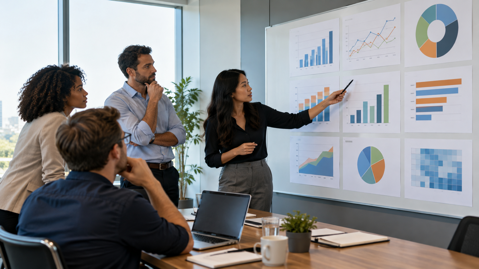 A management team reviewing a clean wall of unlabeled performance charts and operational scorecards in a bright conference room.