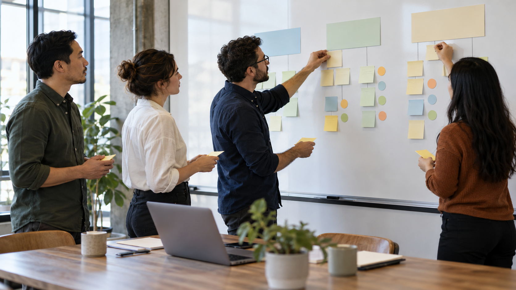 A cross-functional team arranging blank objective cards and measurable milestone markers on a planning wall.
